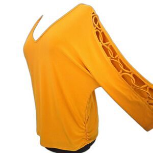 Yellow Shirt Blouse Womens LARGE 3/4 Length Lattice Sleeve